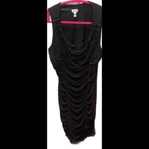 👠👗⚫️ Cache Women Bodycon Ruched Black Dress Black Bead Necklace Sz L